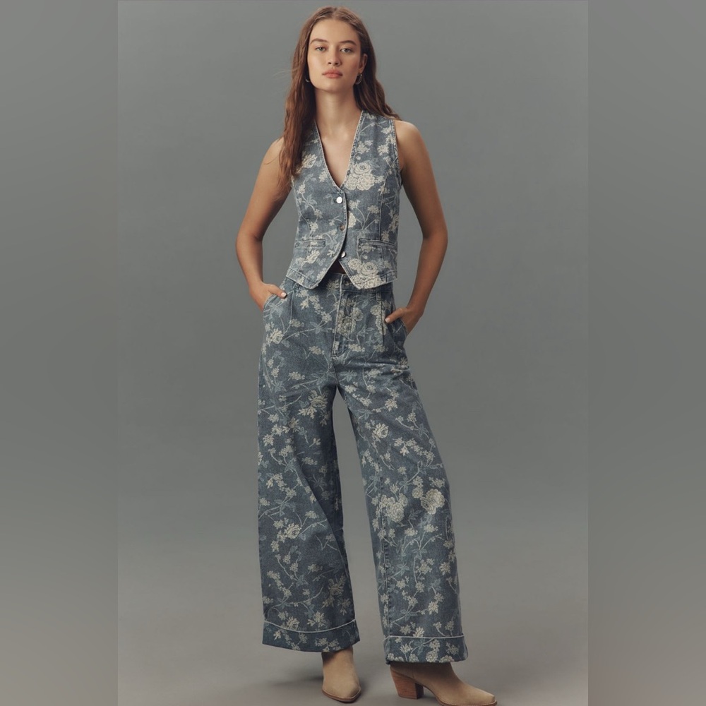 ✨ Anthropologie Floral Denim Vest Sz XL - Picture 3 of 8